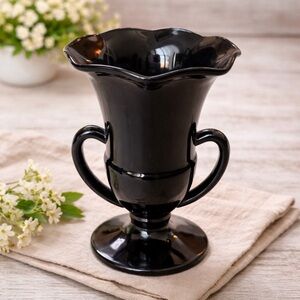 Vintage Black Amethyst Depression Glass Double Handled Footed 7” Vase